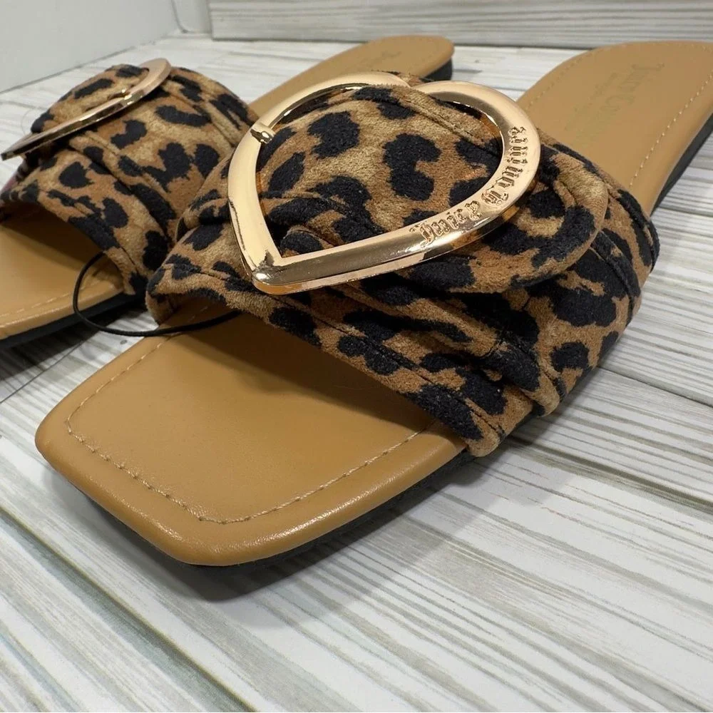 NWT‎ Juicy Couture Leopard Heart Slide Sandals Women Size 8M Tan Black Gold
